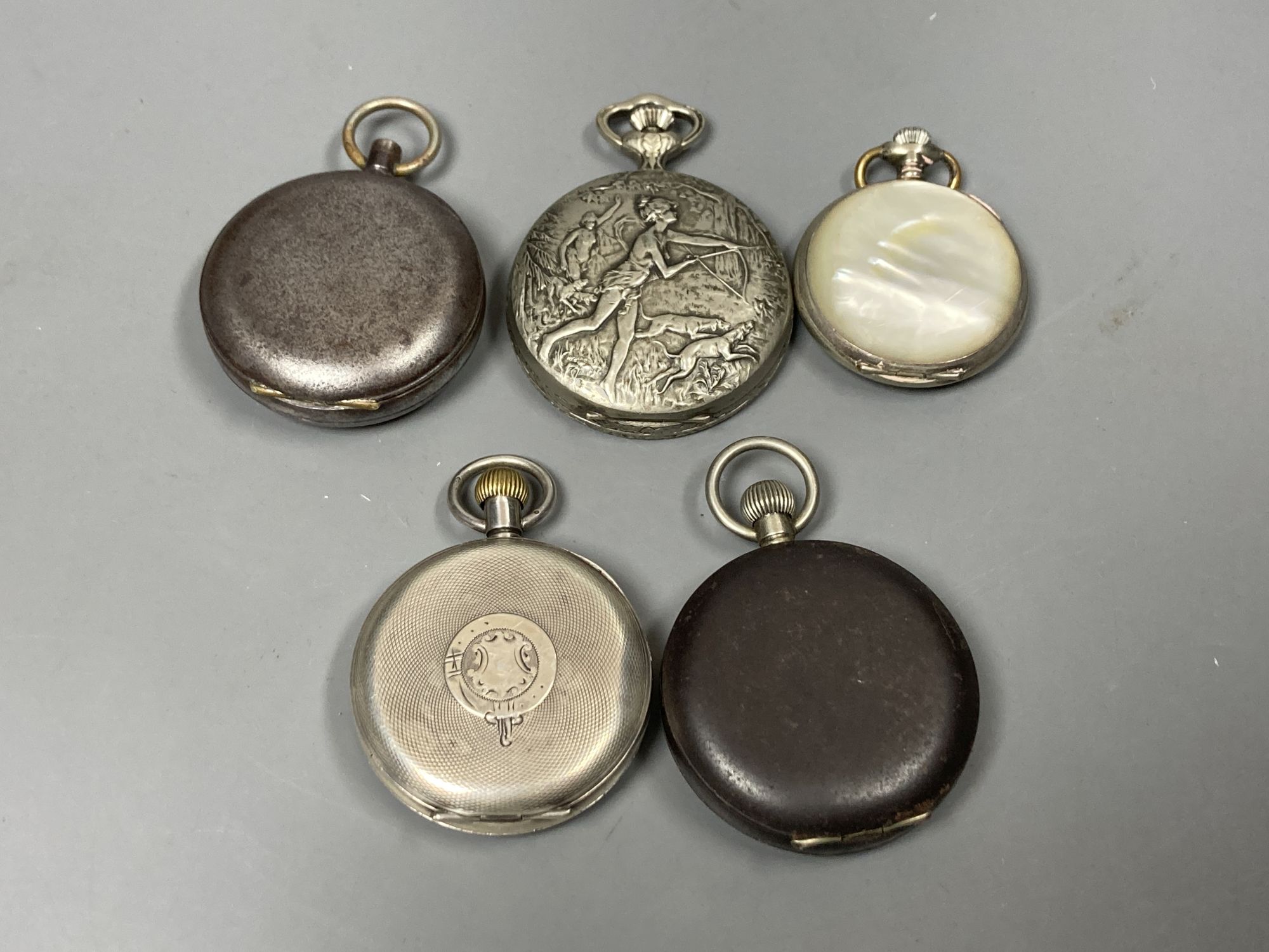 Four assorted base metal Hebdomas pocket watches and a silver Hebdomas pocket watch